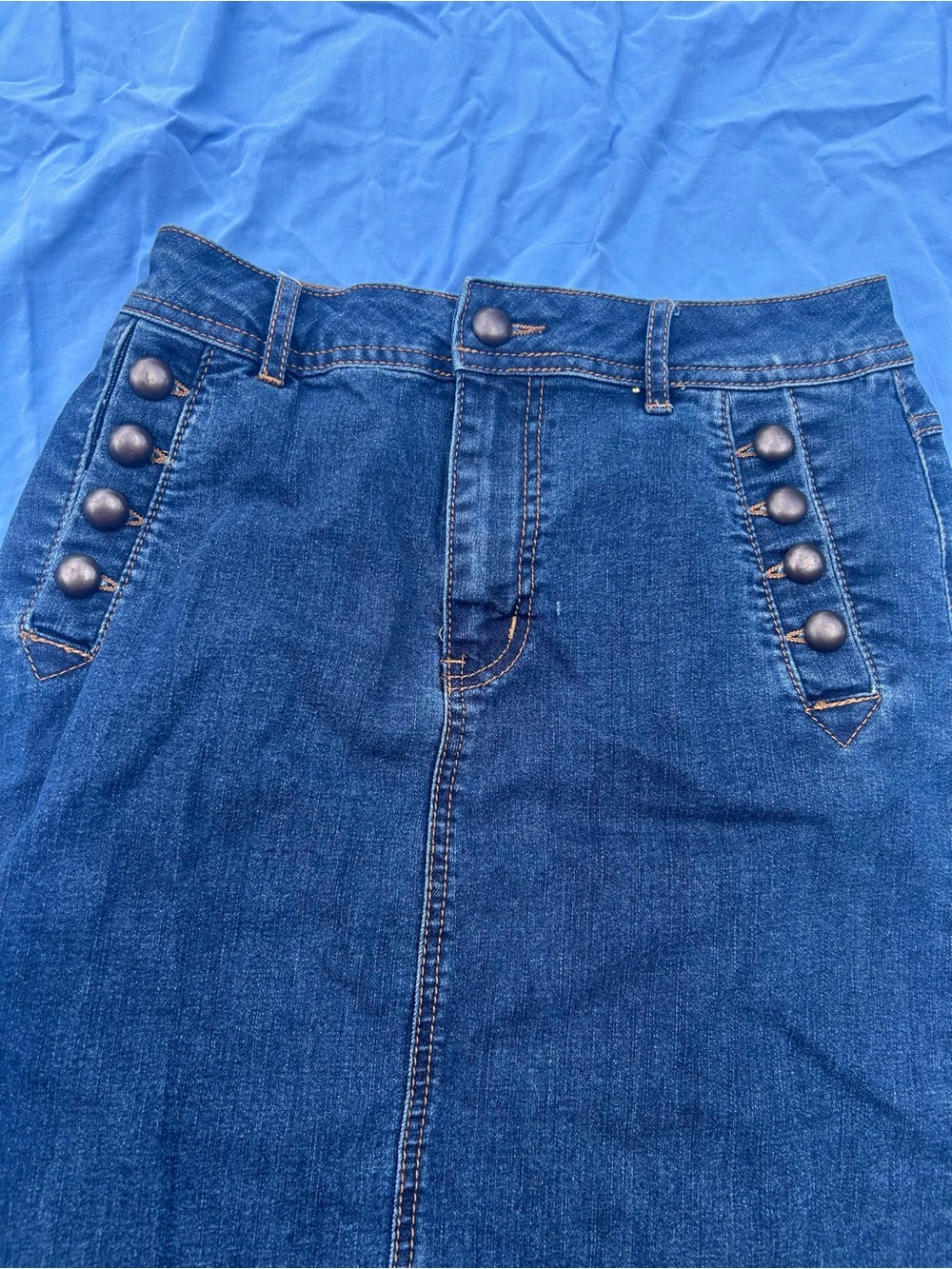 Dark Blue Denim Button-Accent Pencil Skirt